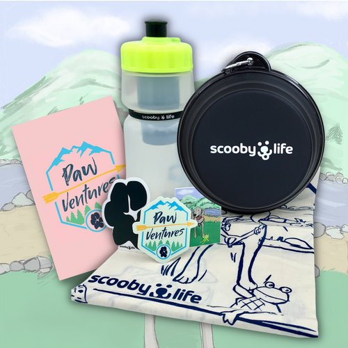 Scoobylife PawVentures™ Dog Gift Set: XL Collapsible Dog Bowl, Filtered Portable Dog Water Bottle, Travel Journal, White Cotton Illustrated Bandana & Sticker 3 Pk