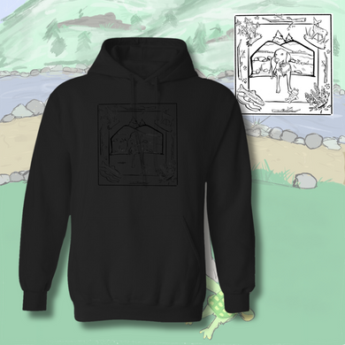 Scooby and Froggy Scoobylife Custom Minimalist Illustrated Mountain PawVentures™ 100% Cotton Fleece Black on Black Pullover Hoodie - Made in USA